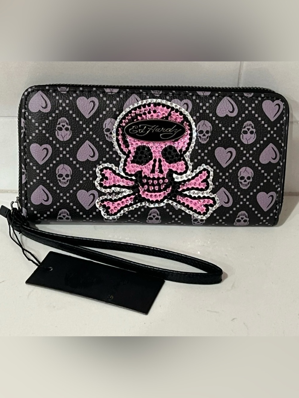 ED HARDY Black Pink Skull Heart Rhinestone Zip-Around Wallet Wristlet Clutch Y2K